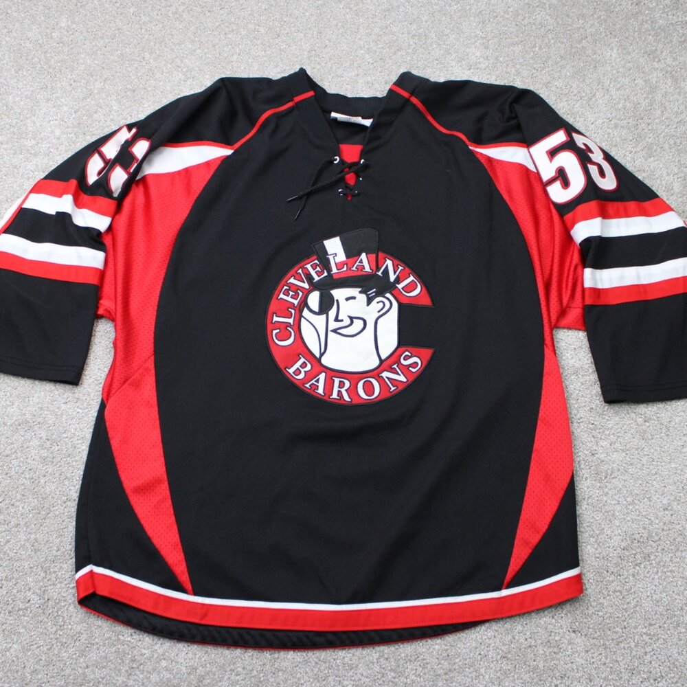 Cleveland Barons #53 Hockey Jersey Mens Large Black/Red Goalie Athletic Knit